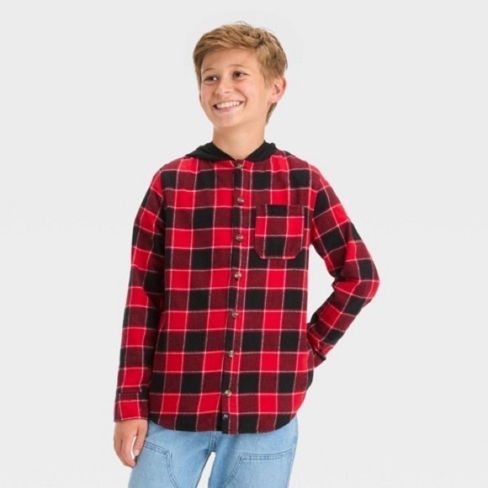 Art Class Boy’s Red Black Plaid Flannel Hooded Long Sleeve Button-Down Shirt XL